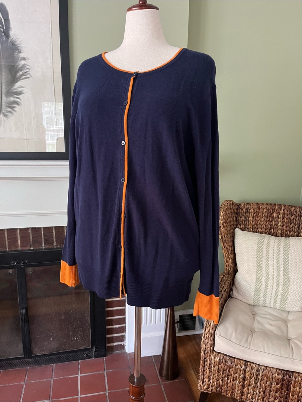 Navy Cotton Blend Contrast Trim Cardigan | Orange Tipping | Size 2X